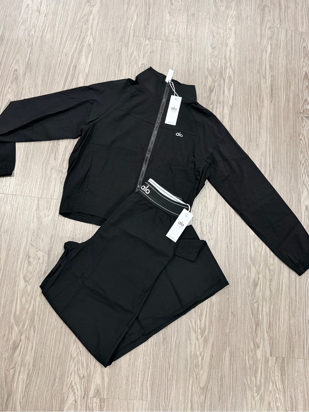 ALO Women Yoga Black Bomber Track Jacket and Pants Set
